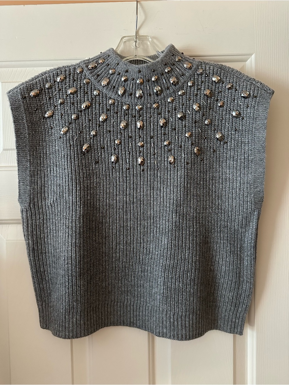 House of Harlow 1960 Embellished Rib-Knit Sleeveless Sweater Vest - Gray- Medium